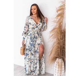 Floral Maxi Dress, Long Sleeve With a Slit, V Neck